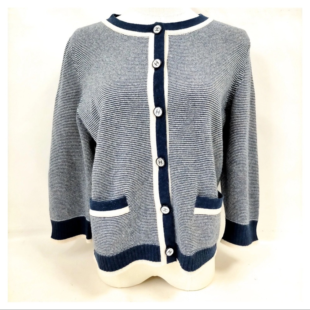 CHANEL Navy and White Button-Up Cardigan